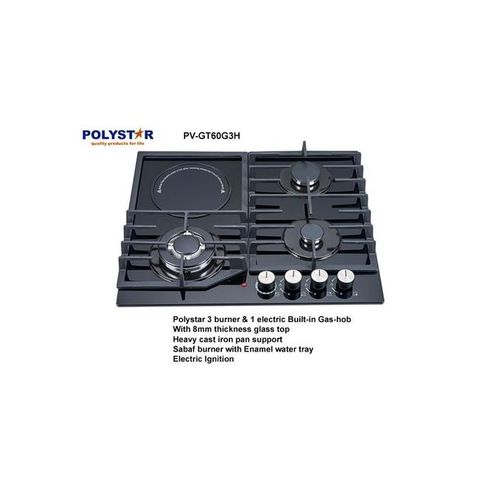 Polystar PV-GT60G3H 3 Burner In-Built Gas Hob – 8mm Glass