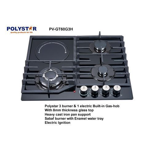 Polystar PV-GT60G3H 3 Burner In-Built Gas Hob – 8mm Glass